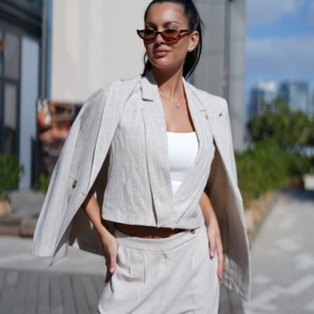 SELENE Striped Linen Vest - Beige 5 SELENE Striped Linen Vest - Beige - Image 2