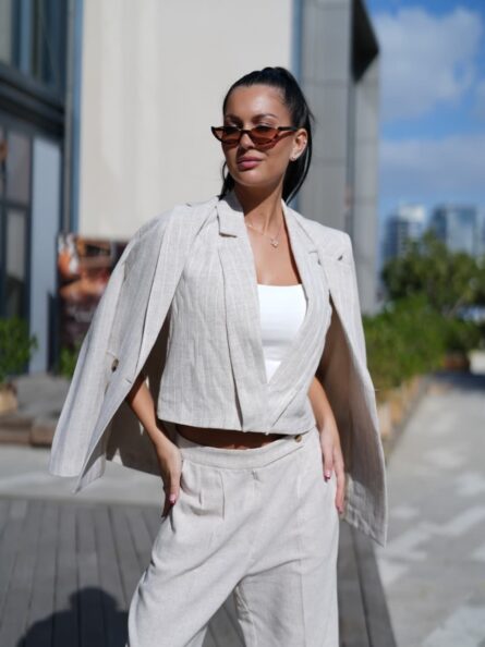 SELENE Striped Linen Vest - Beige - Image 2