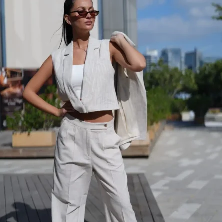 SELENE Striped Linen Vest - Beige 7 SELENE Striped Linen Vest - Beige - Image 4