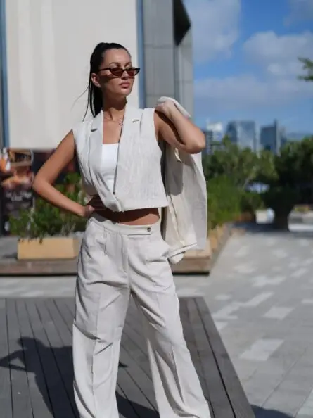 SELENE Striped Linen Vest - Beige - Image 4